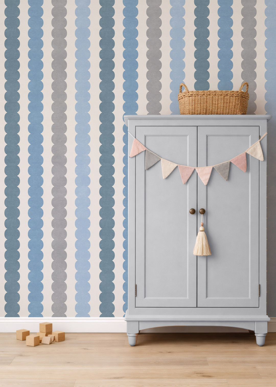 Minimal Pebble Column 4 Stripe Wallpaper – Blue, Gray and Off White