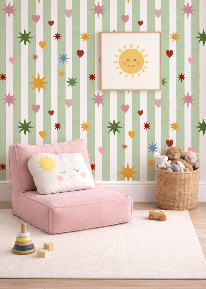 Green Stripes Hearts Stars Wallpaper