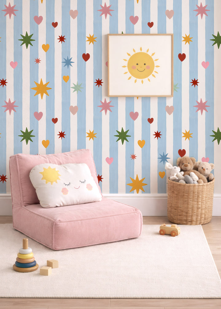 Blue Stripes Hearts Stars Wallpaper