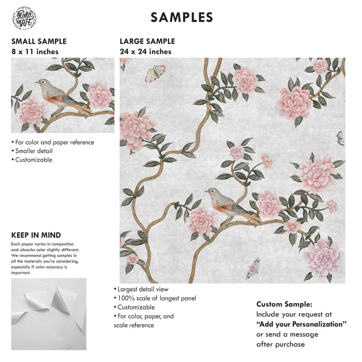 L’Atelier Botanique Chinoiserie Revival Wallpaper Mural in Gray Fog