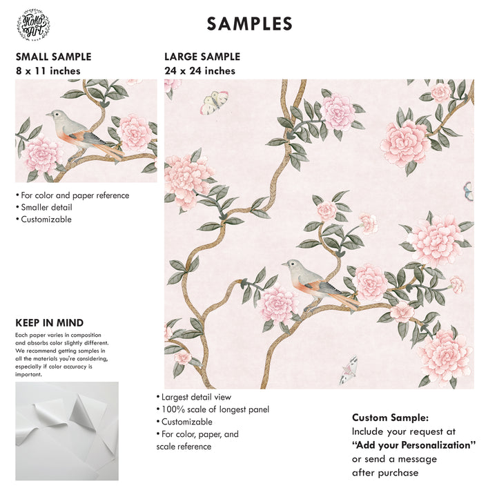 L’Atelier Botanique Chinoiserie Revival Wallpaper Mural in Pink Blush