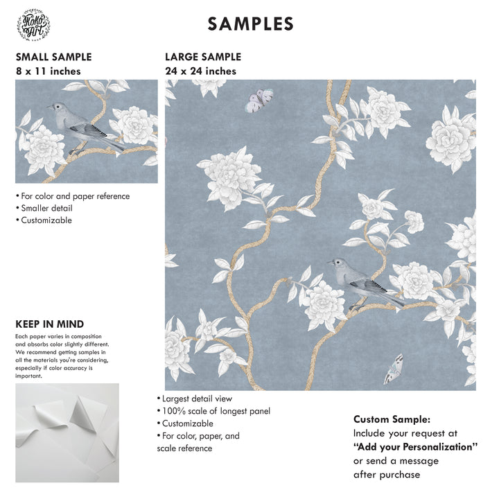 L’Atelier Botanique Chinoiserie Revival Wallpaper Mural in Denim Blue