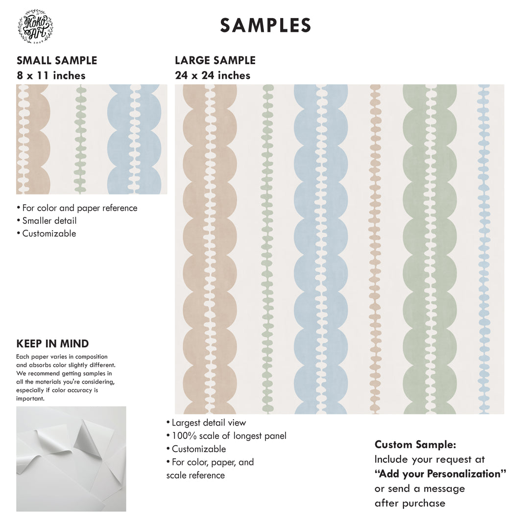 Pebble Column Stripe and Ribbon Wallpaper - Nude, Blue, Sage on Cream