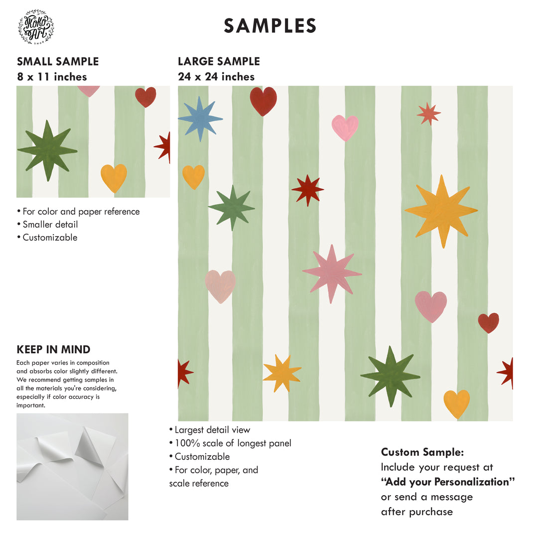 Green Stripes Hearts Stars Wallpaper