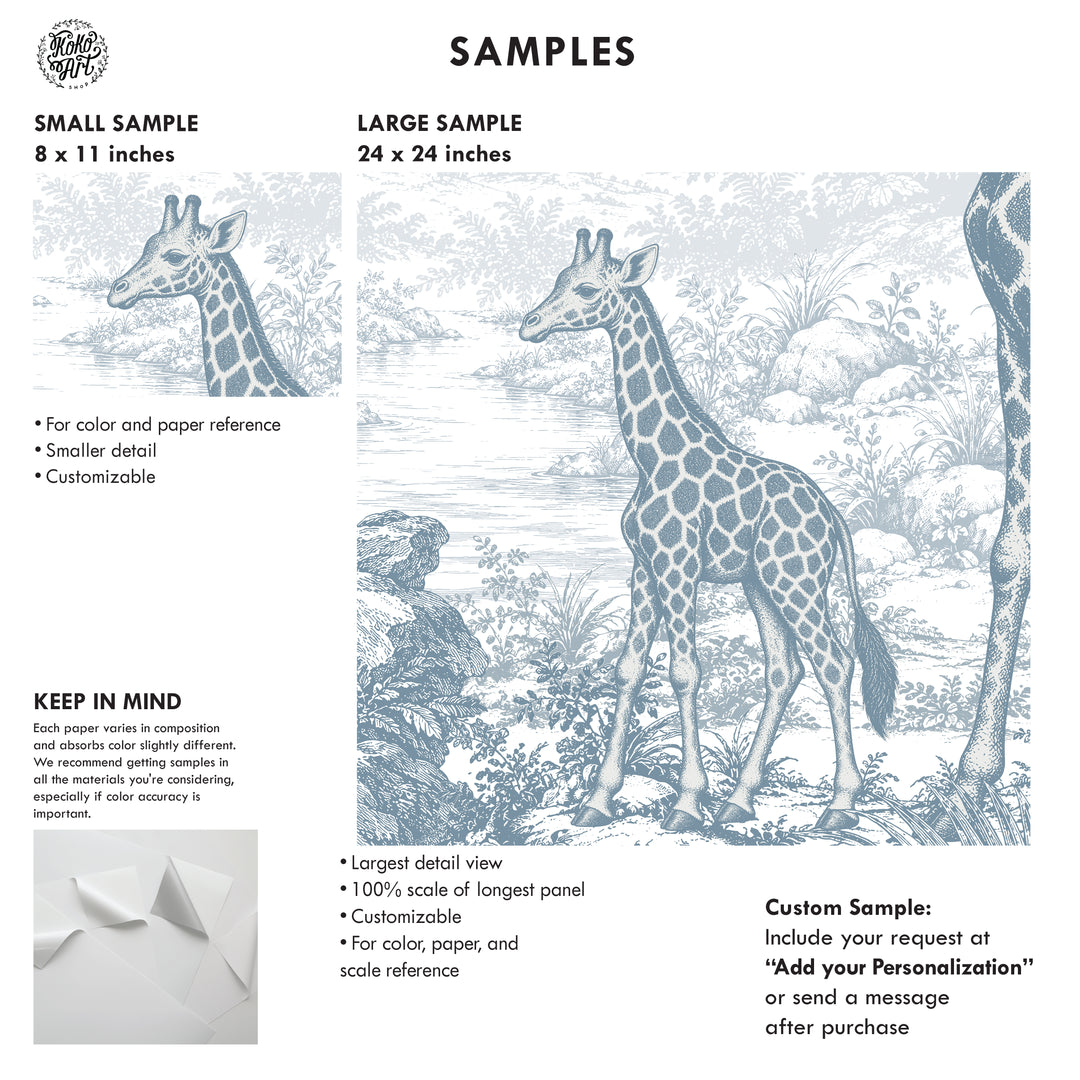 Vintage Toile Safari Wallpaper Mural in Antique Blue