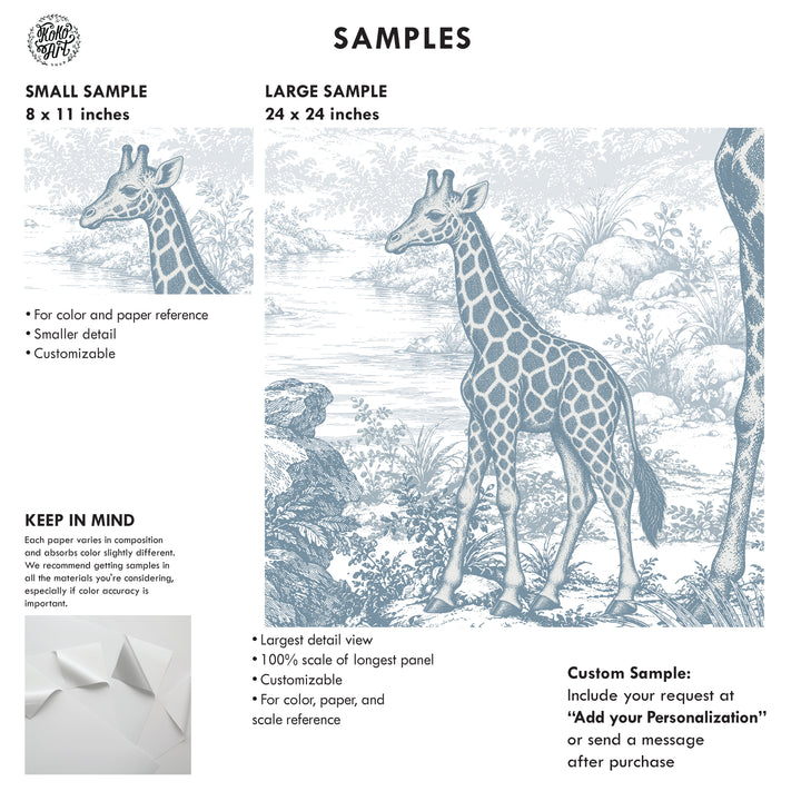 Vintage Toile Safari Wallpaper Mural in Antique Blue