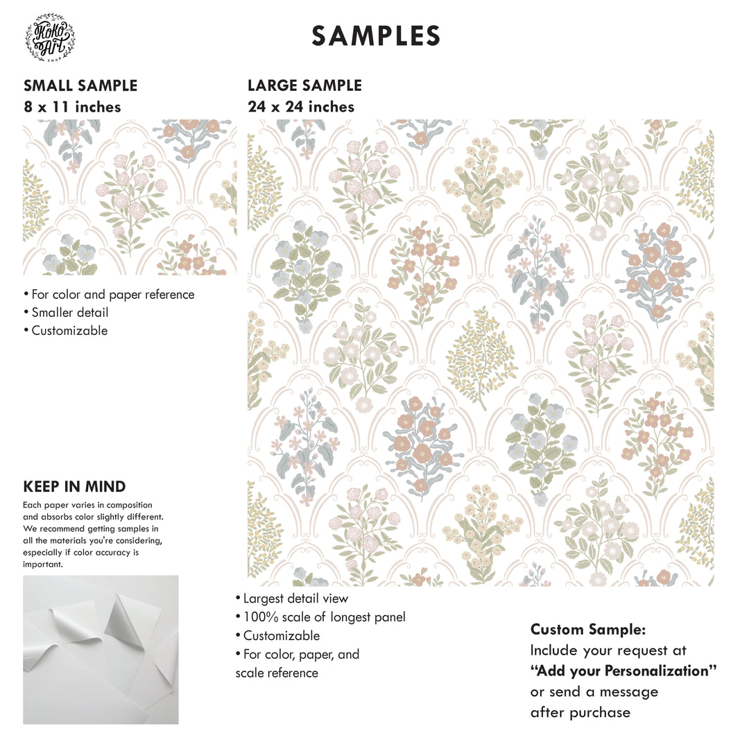 Cottage Arched Scalloped Botanical Wallpaper - Light