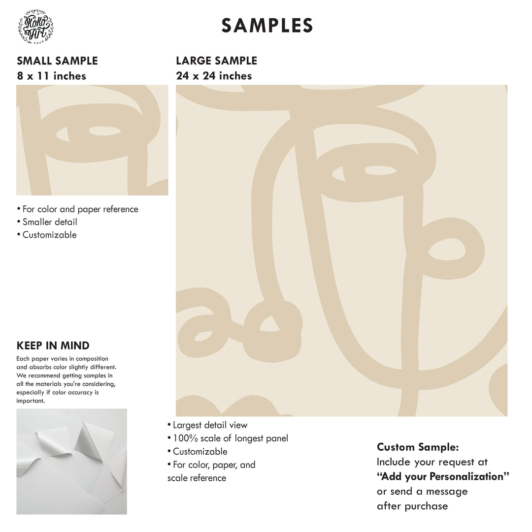 Faces Art Line Drawing in Cream Wallpaper Mural