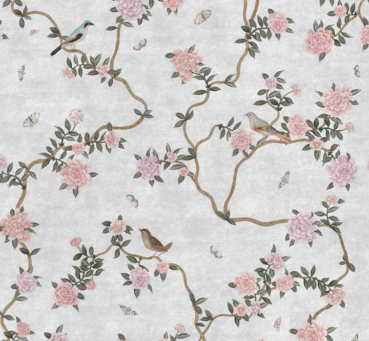 L’Atelier Botanique Chinoiserie Revival Wallpaper Mural in Gray Fog