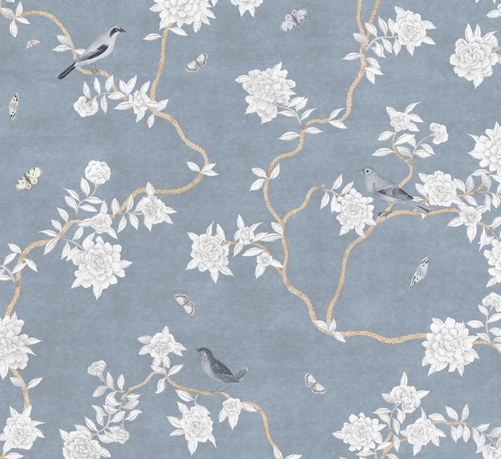 L’Atelier Botanique Chinoiserie Revival Wallpaper Mural in Denim Blue