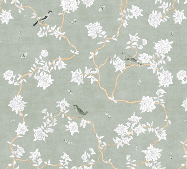 L’Atelier Botanique Chinoiserie Revival Wallpaper Mural in Sage Meadow