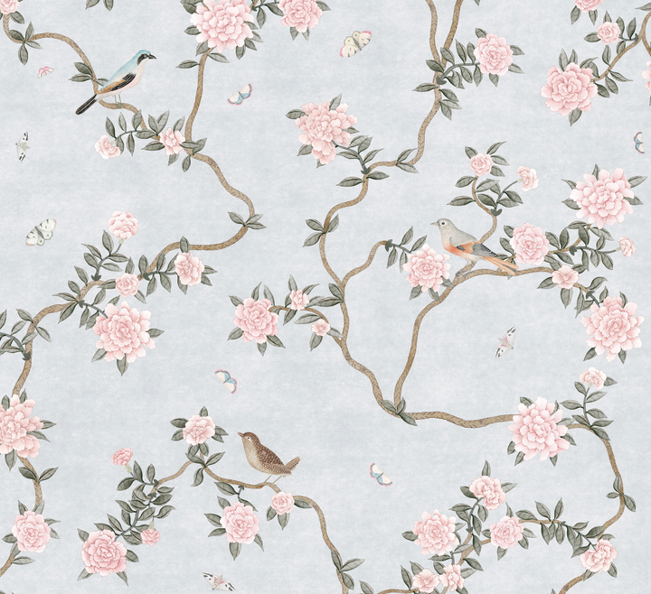 L’Atelier Botanique Chinoiserie Revival Wallpaper Mural in Silver Blue