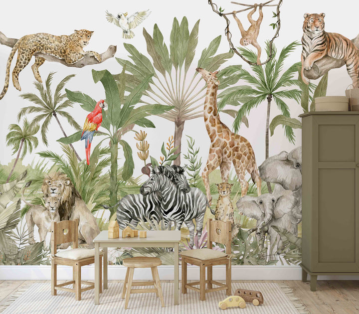 Tropical Paradise Mural | Jungle African Savanna Animals Lion Elephant Giraffe Tiger Cheetah and Monkeys
