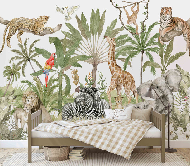 Tropical Paradise Mural | Jungle African Savanna Animals Lion Elephant Giraffe Tiger Cheetah and Monkeys