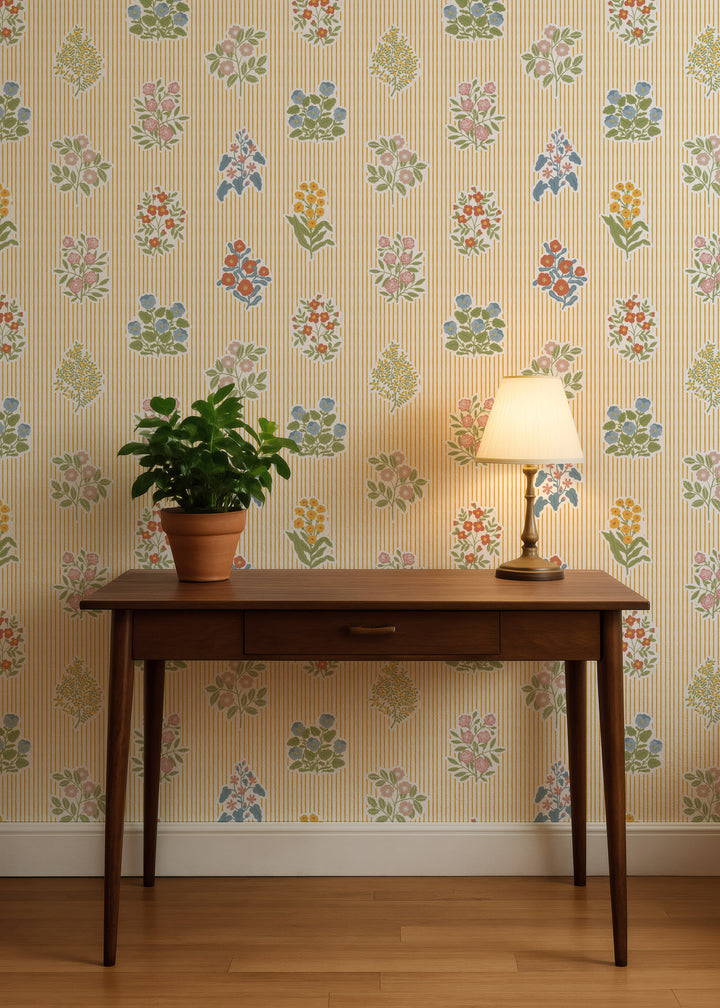 Cottagecore Floral Striped Wallpaper - Yellow