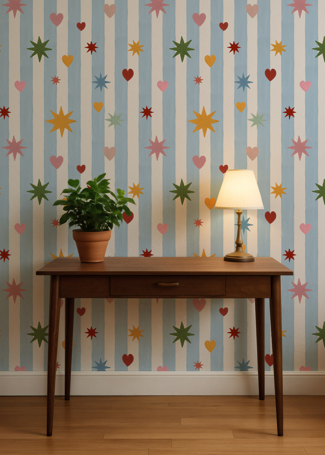 Blue Stripes Hearts Stars Wallpaper