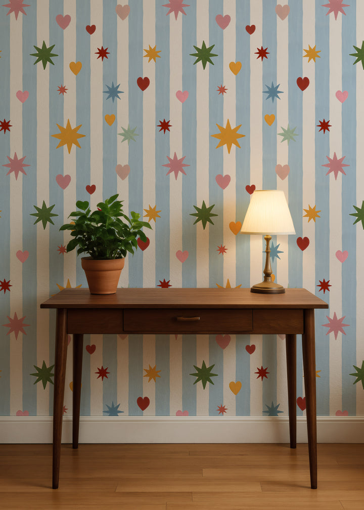 Blue Stripes Hearts Stars Wallpaper