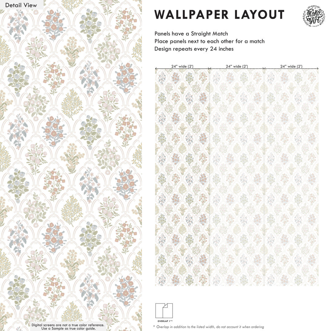 Cottage Arched Scalloped Botanical Wallpaper - Light