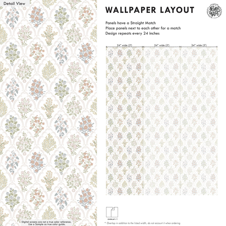 Cottage Arched Scalloped Botanical Wallpaper - Light