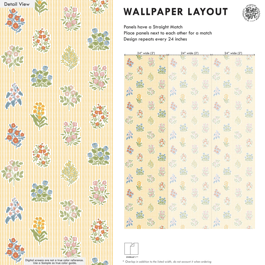 Cottagecore Floral Striped Wallpaper - Yellow