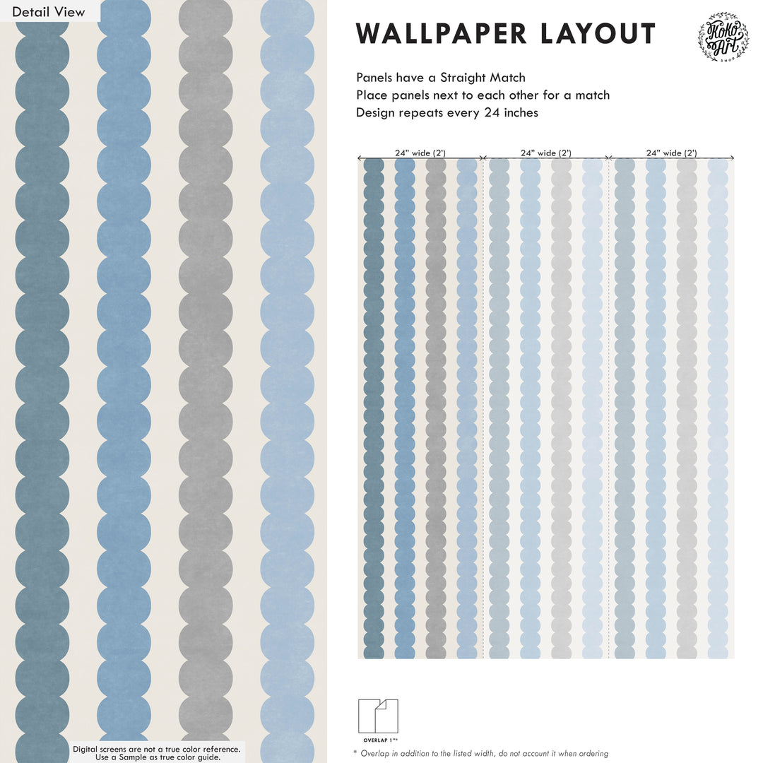 Minimal Pebble Column 4 Stripe Wallpaper – Blue, Gray and Off White