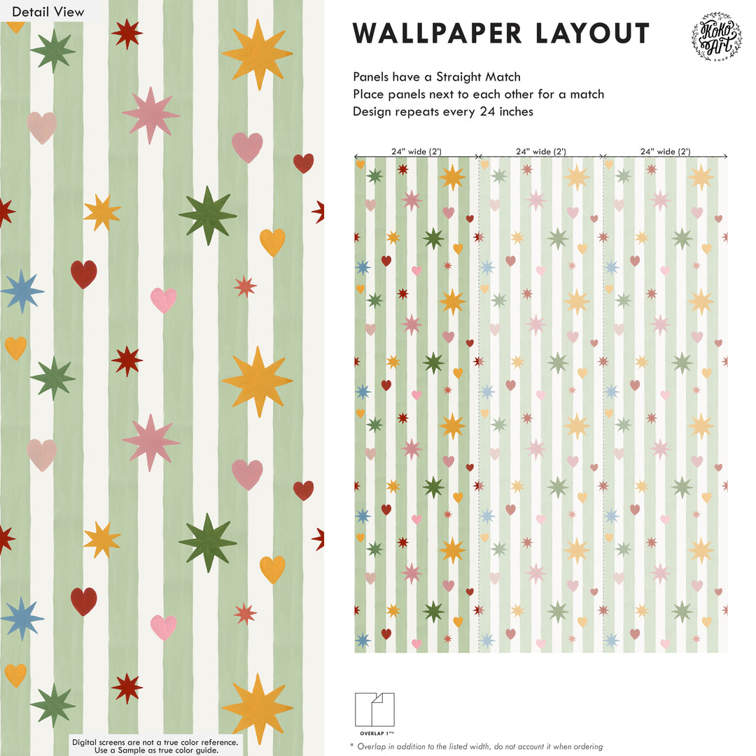 Green Stripes Hearts Stars Wallpaper