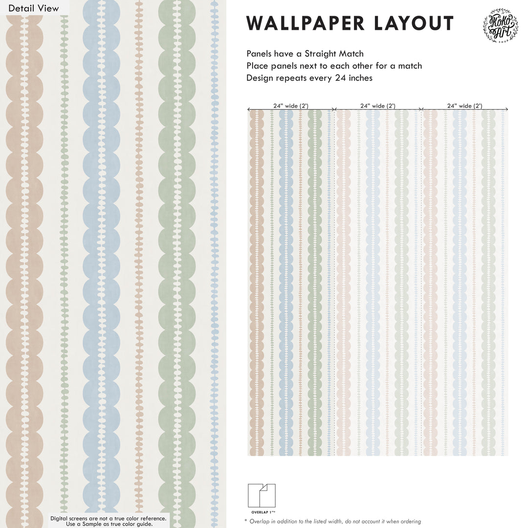 Pebble Column Stripe and Ribbon Wallpaper - Nude, Blue, Sage on Cream