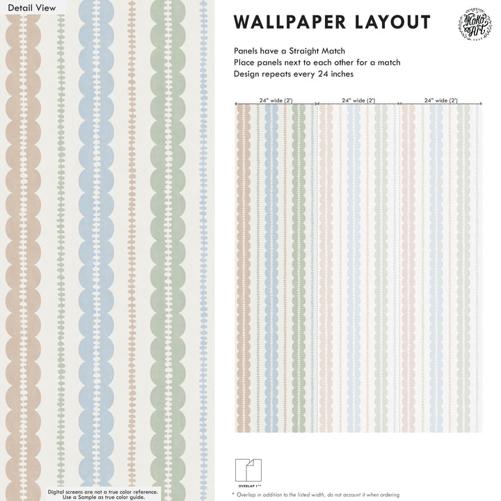 Pebble Column Stripe and Ribbon Wallpaper - Nude, Blue, Sage on Cream