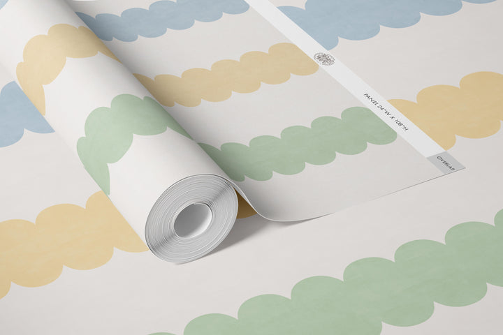 Pebble Column Stripe Wallpaper - Blue, Yellow, Green on Cream