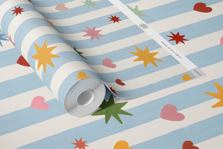 Blue Stripes Hearts Stars Wallpaper