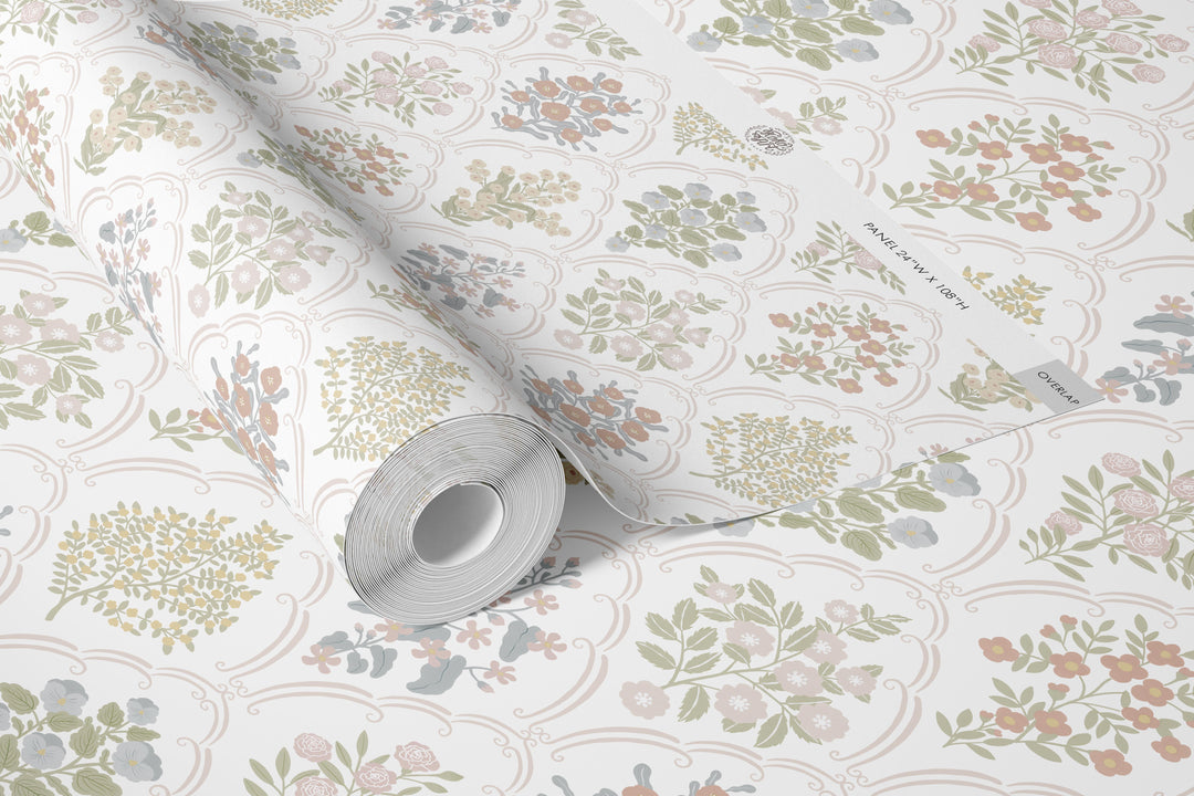 Cottage Arched Scalloped Botanical Wallpaper - Light