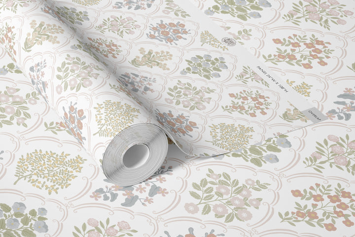 Cottage Arched Scalloped Botanical Wallpaper - Light