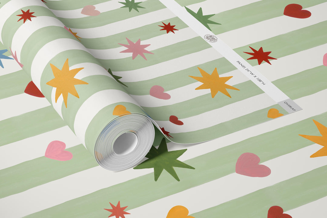 Green Stripes Hearts Stars Wallpaper