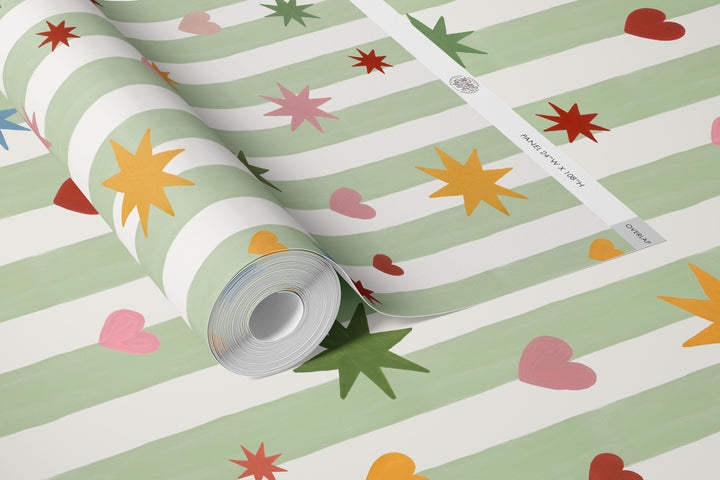 Green Stripes Hearts Stars Wallpaper