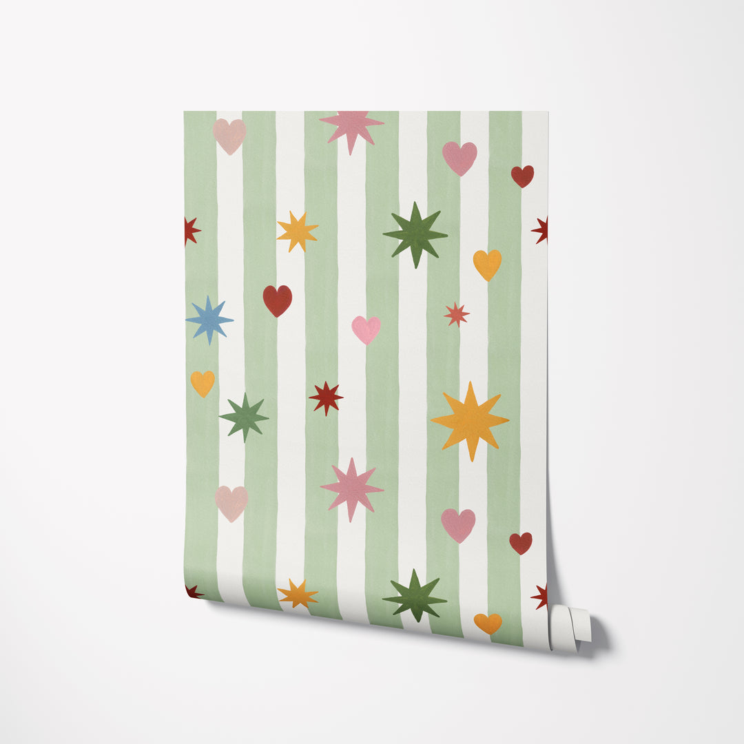 Green Stripes Hearts Stars Wallpaper