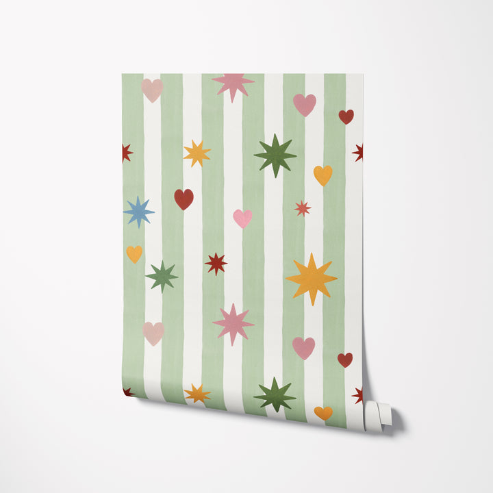 Green Stripes Hearts Stars Wallpaper