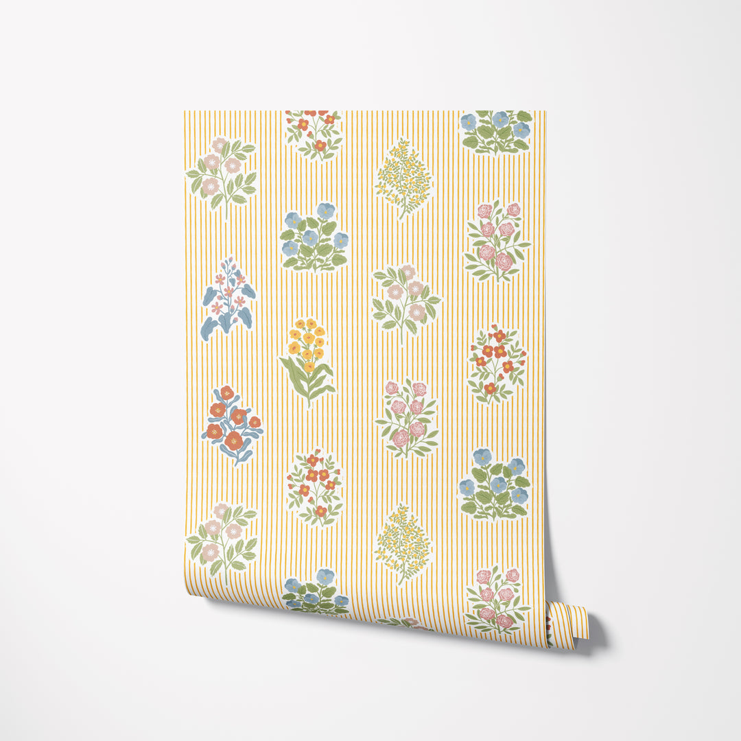 Cottagecore Floral Striped Wallpaper - Yellow