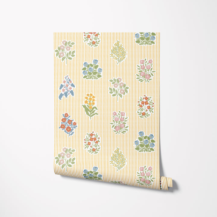 Cottagecore Floral Striped Wallpaper - Yellow