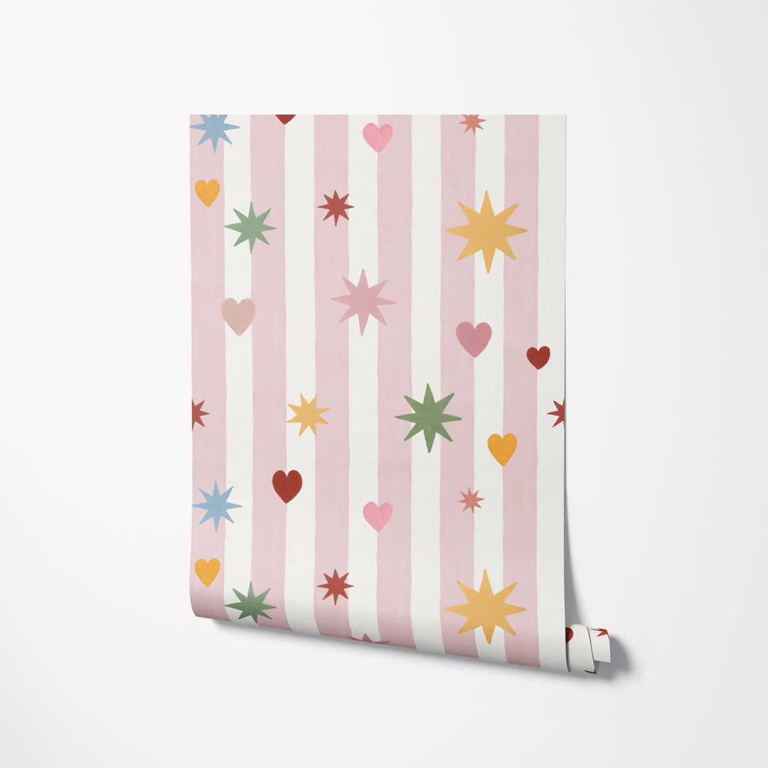 Pink Stripes Hearts Stars Wallpaper