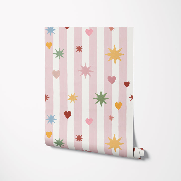 Pink Stripes Hearts Stars Wallpaper