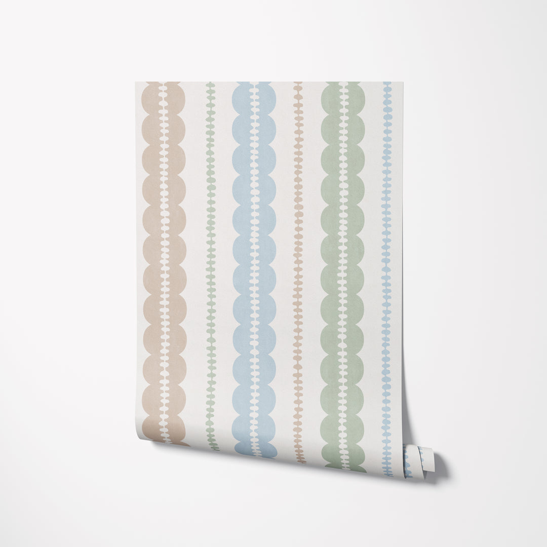 Pebble Column Stripe and Ribbon Wallpaper - Nude, Blue, Sage on Cream
