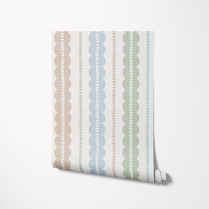 Pebble Column Stripe and Ribbon Wallpaper - Nude, Blue, Sage on Cream