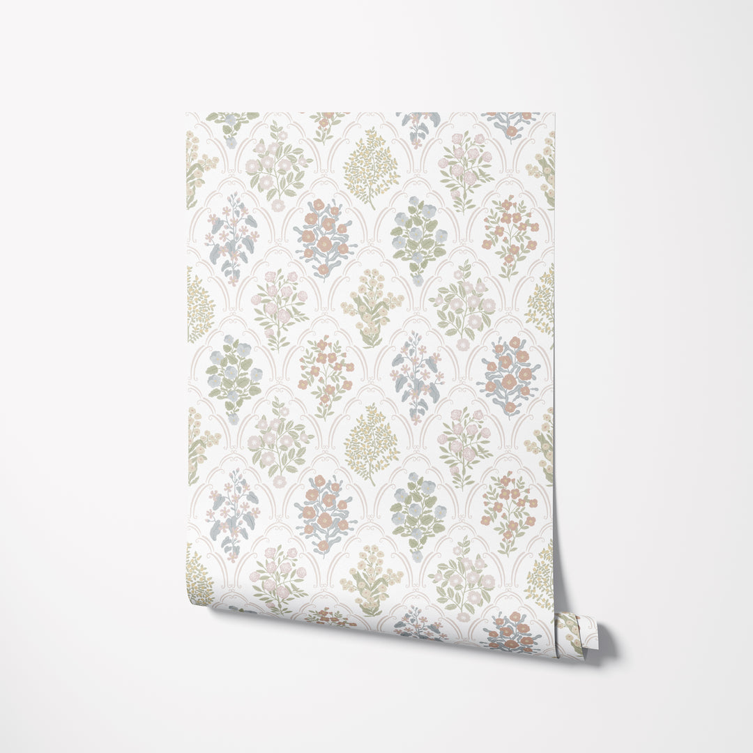 Cottage Arched Scalloped Botanical Wallpaper - Light
