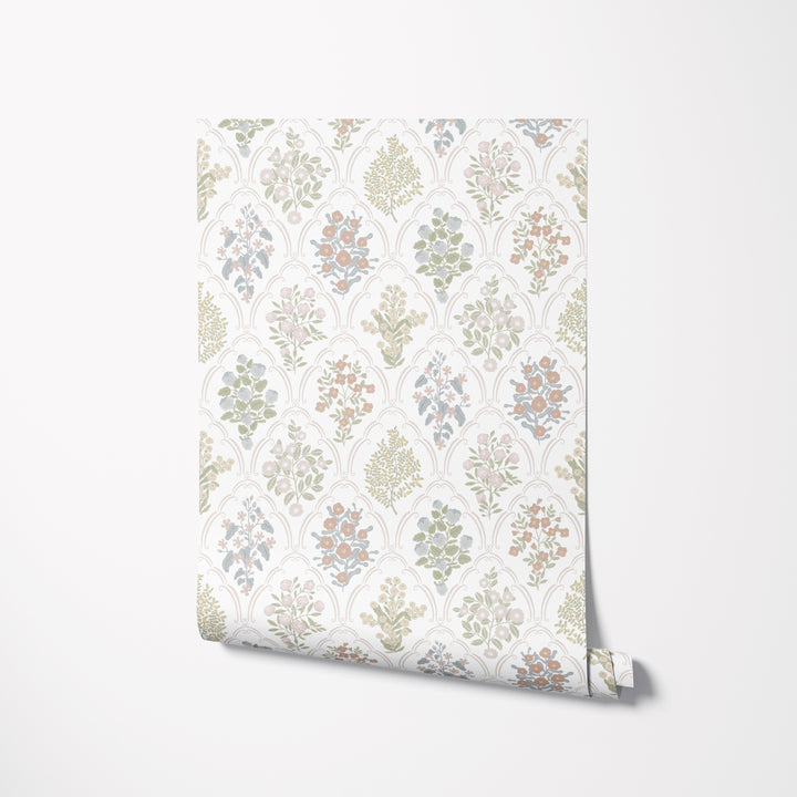 Cottage Arched Scalloped Botanical Wallpaper - Light