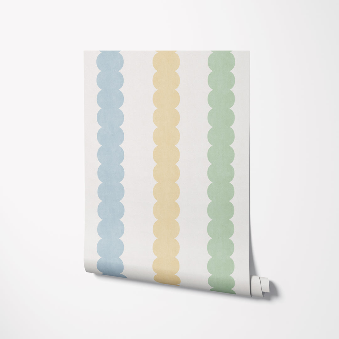 Pebble Column Stripe Wallpaper - Blue, Yellow, Green on Cream