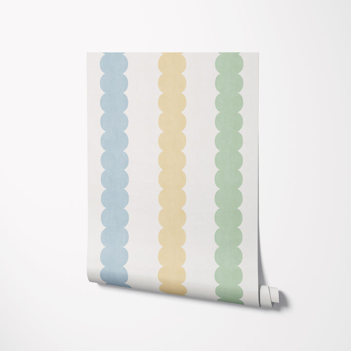 Pebble Column Stripe Wallpaper - Blue, Yellow, Green on Cream