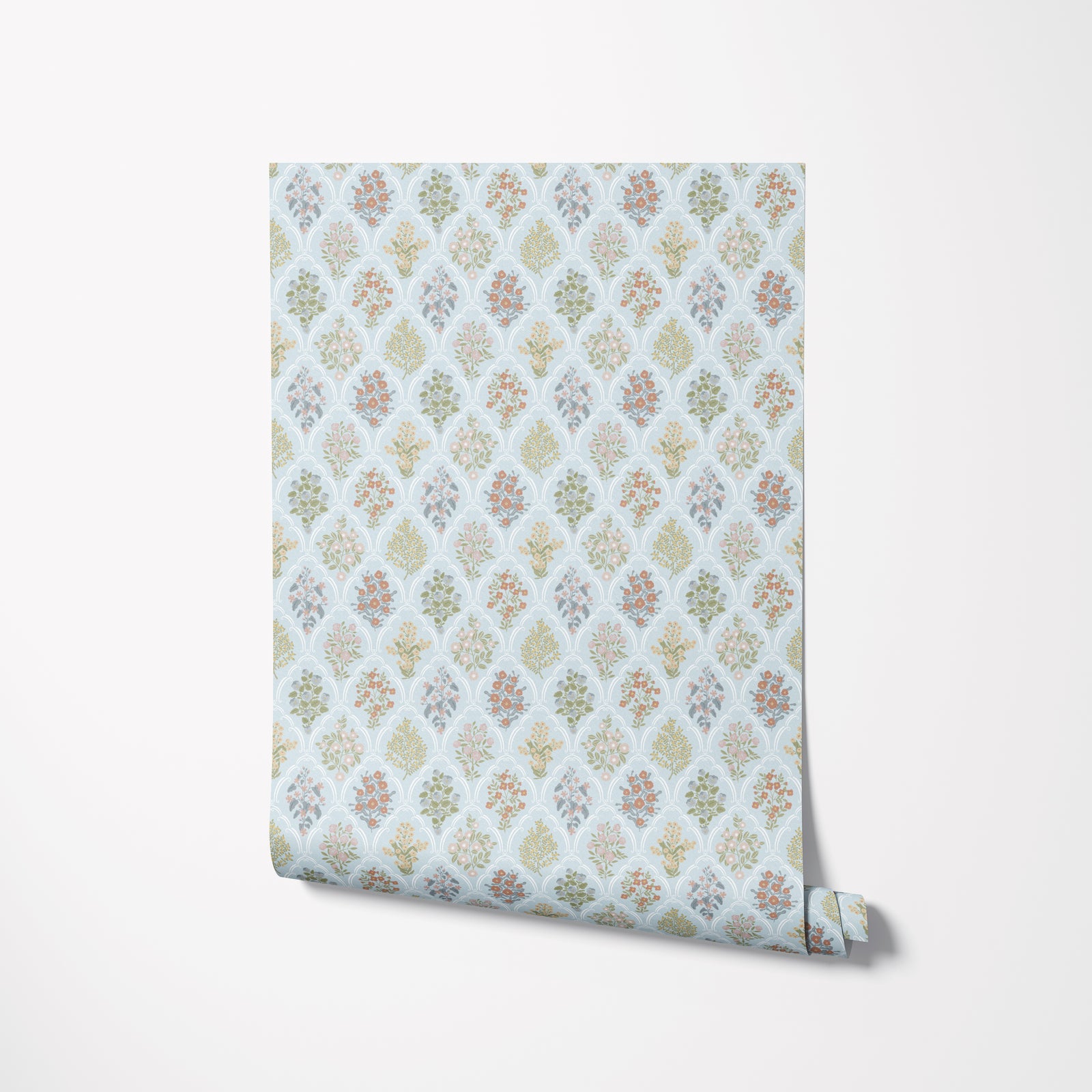 Dainty Cottage Arched Scalloped Botanical Wallpaper - Light Blue