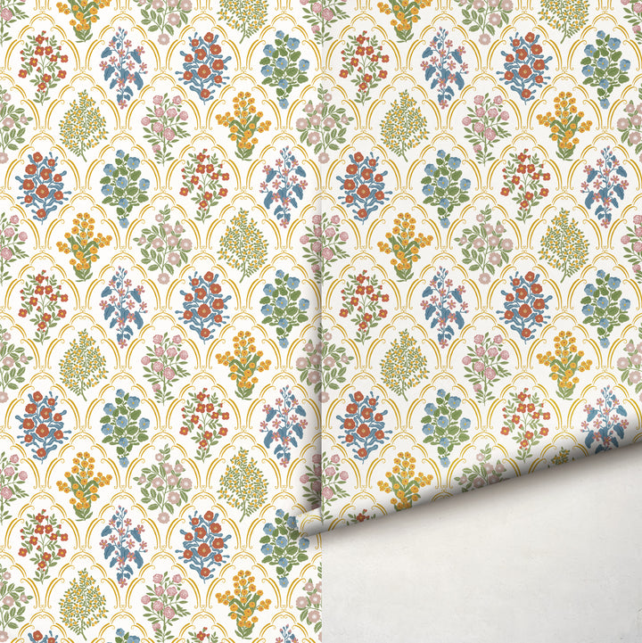 Cottage Arched Scalloped Botanical Wallpaper