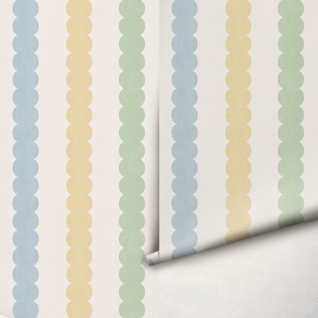 Pebble Column Stripe Wallpaper - Blue, Yellow, Green on Cream