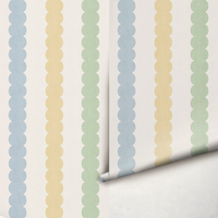 Pebble Column Stripe Wallpaper - Blue, Yellow, Green on Cream